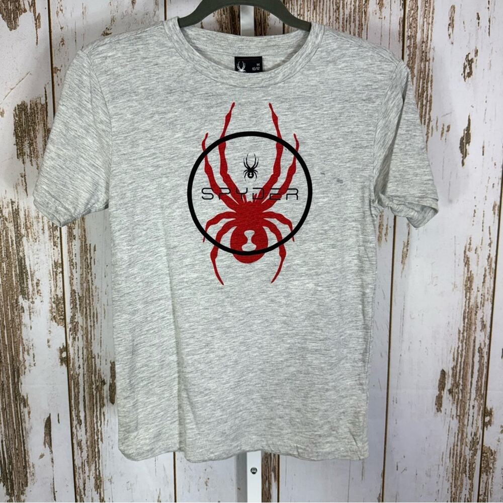 Spyder, Kids Heather Gray T-Shirt with Red Spider Graphic. Size M(10/12).